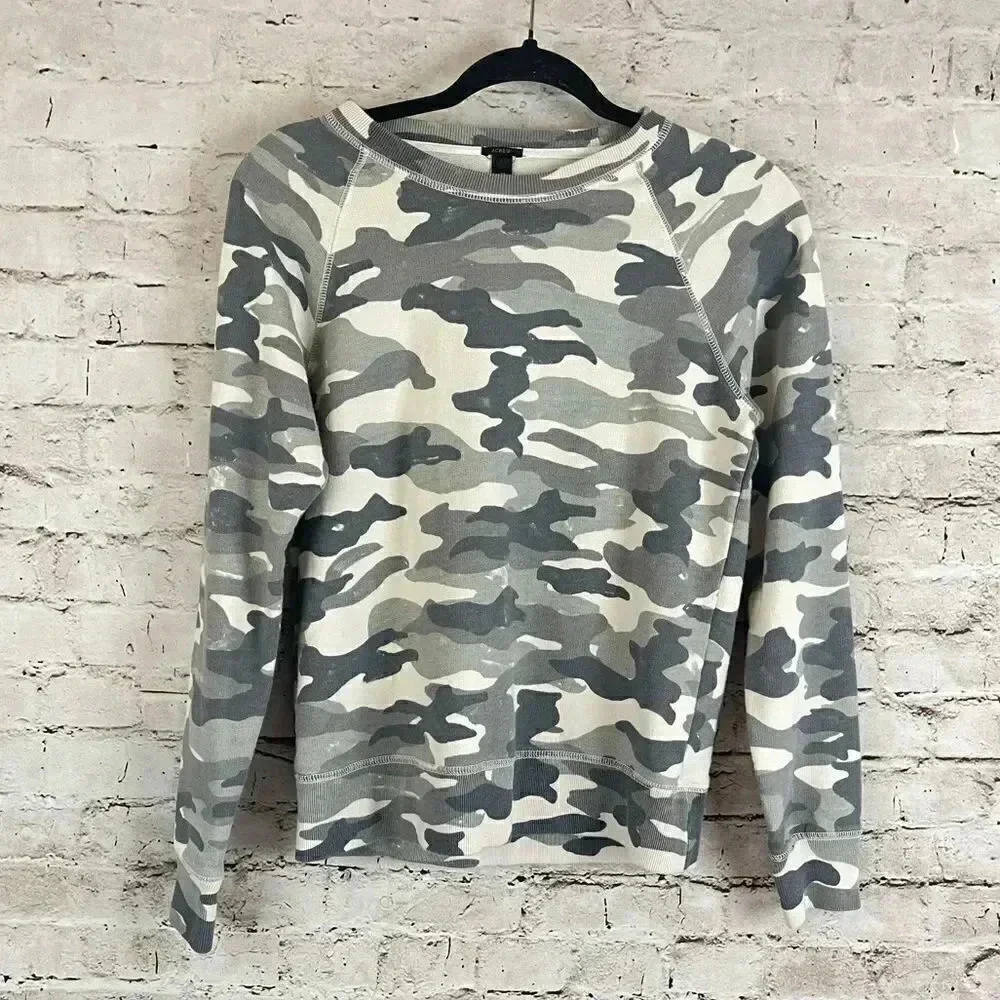 J. Crew Women's XS Faded Grey Camo Pullover Sweatshirt Camouflage A4378 Cotton